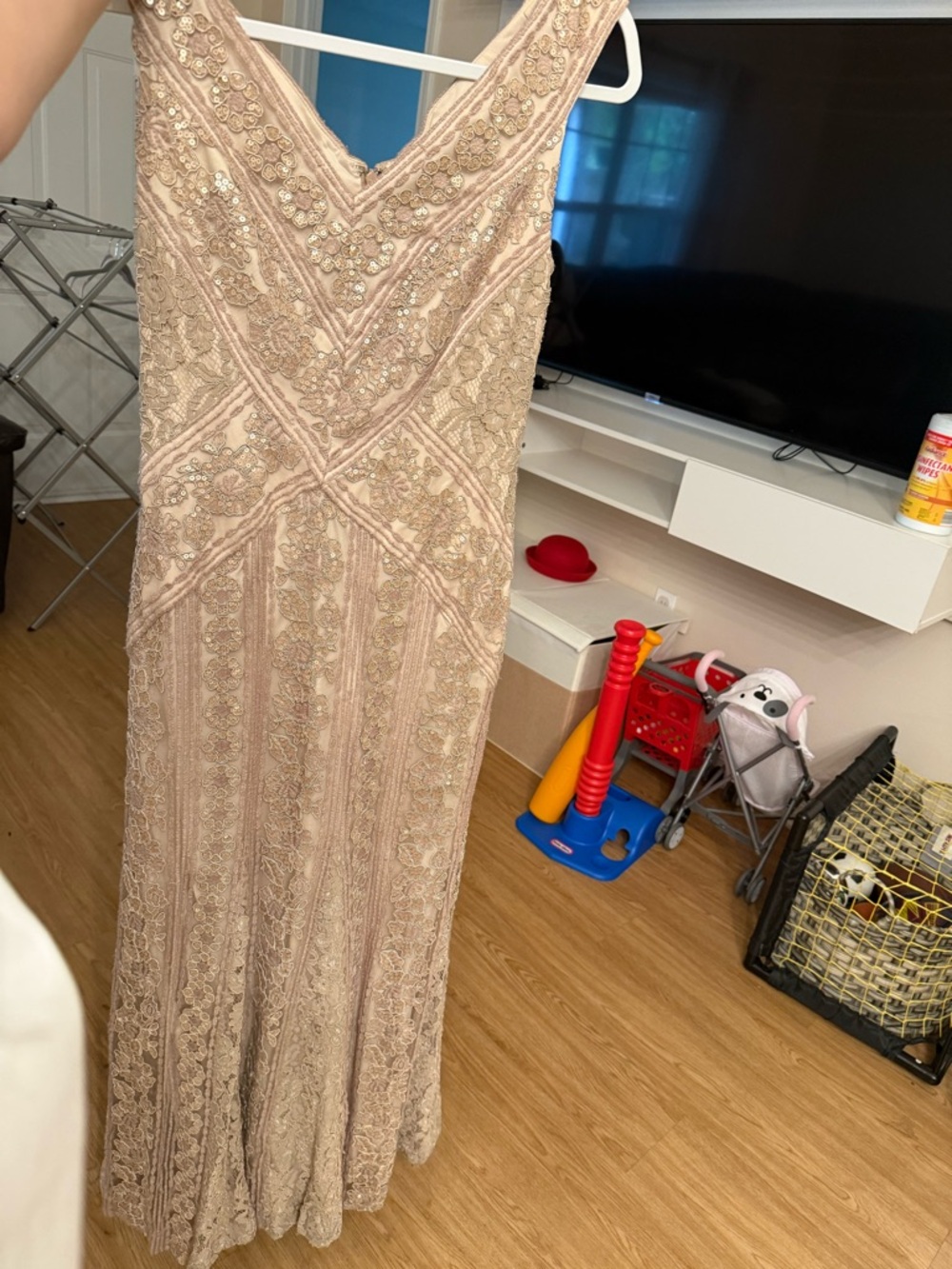Tadashi Shoji Champagne Lace & Sequin Evening Dress